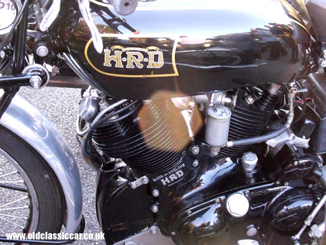 A close look at the engine of a Vincent HRD motorcycle.