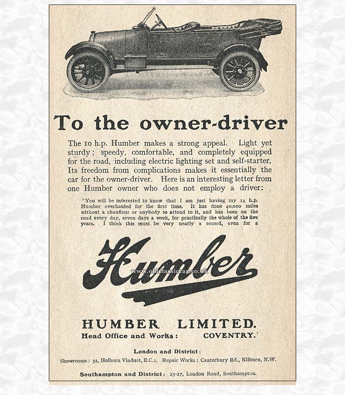 1920s advert for the Humber 10hp car