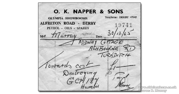 Receipt for the scrapping of a Humber Hawk in 1965